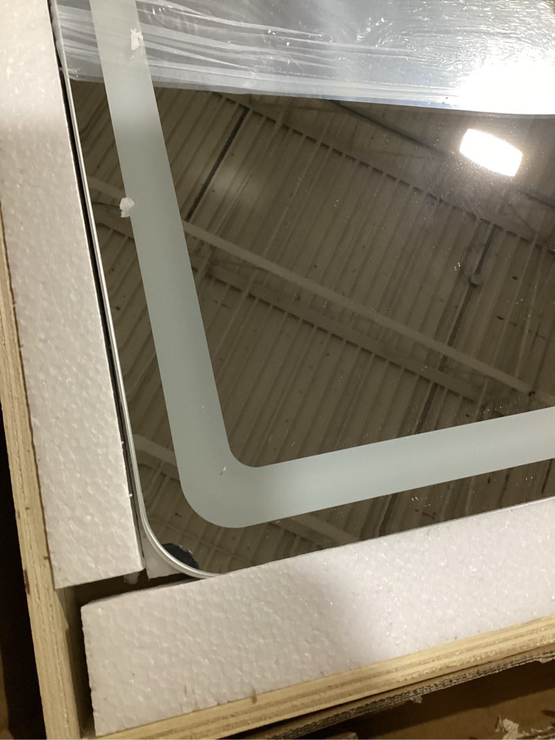 Condition photo showing As Is for sweetcrispy full length mirror with led lights, 65"x21" lighted full body floor mirror with dimming & 3 color lighting, stand for bedroom, dressing room, white rectangular 65"l x 21"w