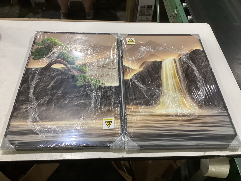 Condition photo showing Good Condition for framed mountain wall art for living room, 3 piece brown landscape painting prints, modern luxury bright style pine tree waterfall artwork for dining room,hallway office wall decor gold mountain