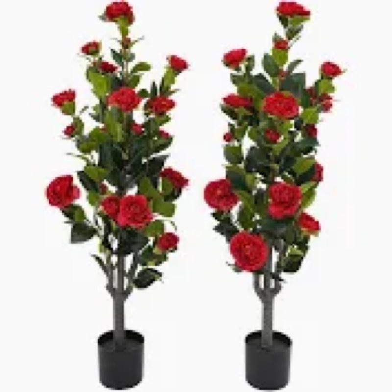 Daifunli 2 Pcs 32'' Artificial Rose Flower Tree Faux Rose Bush Outdoor Plants, Realistic UV Resistan