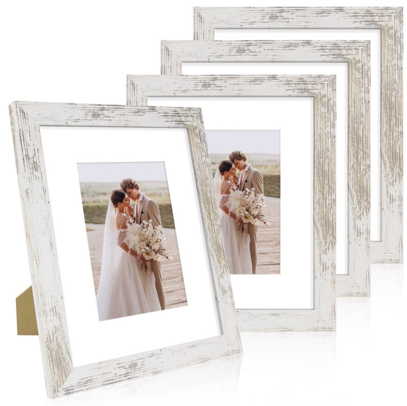 hongkee 8x10 picture frame set of 4, made of real glass and distressed white wooden frame, 8 by 10 photo for wall or tabletop - display picture 5x7 with mat or 8x10 without mat