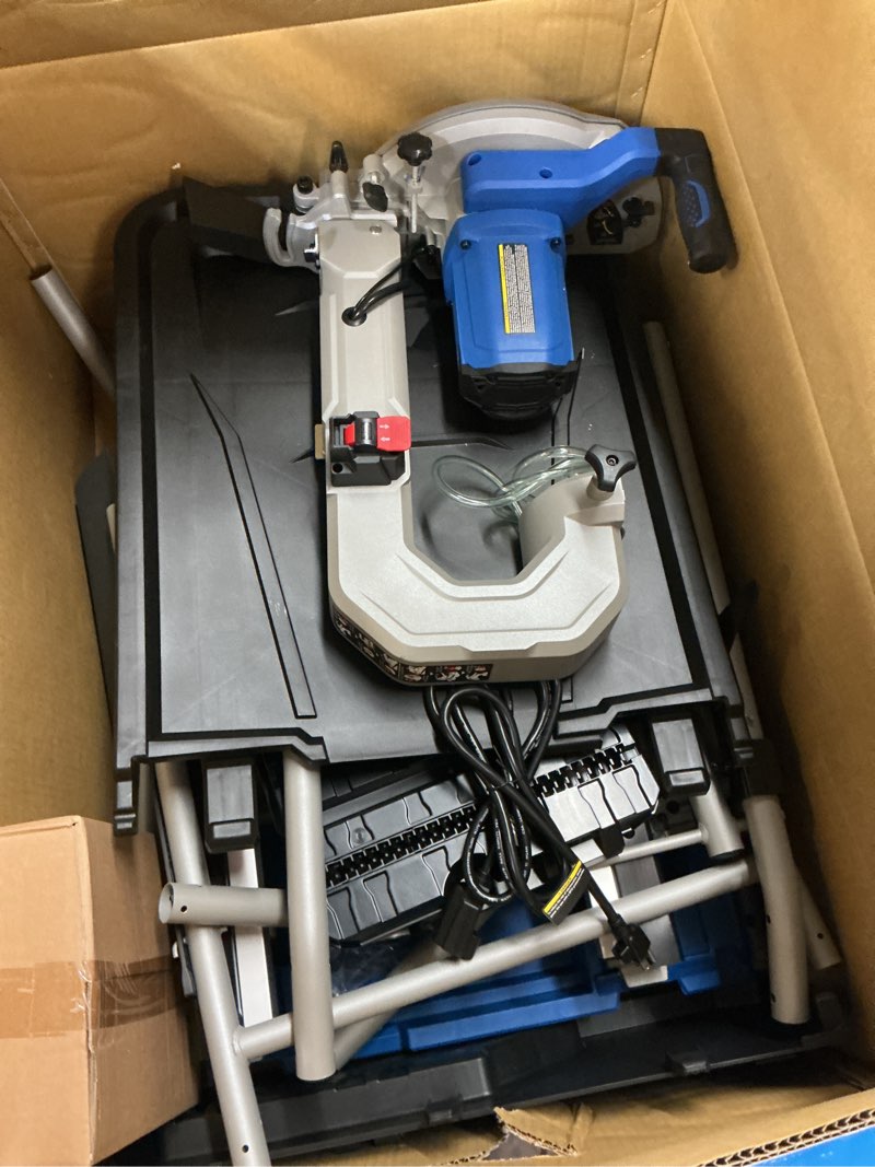 Condition photo showing As Is for kobalt 15-amp 10-in corded sliding table tile saw with stand (charger not included)