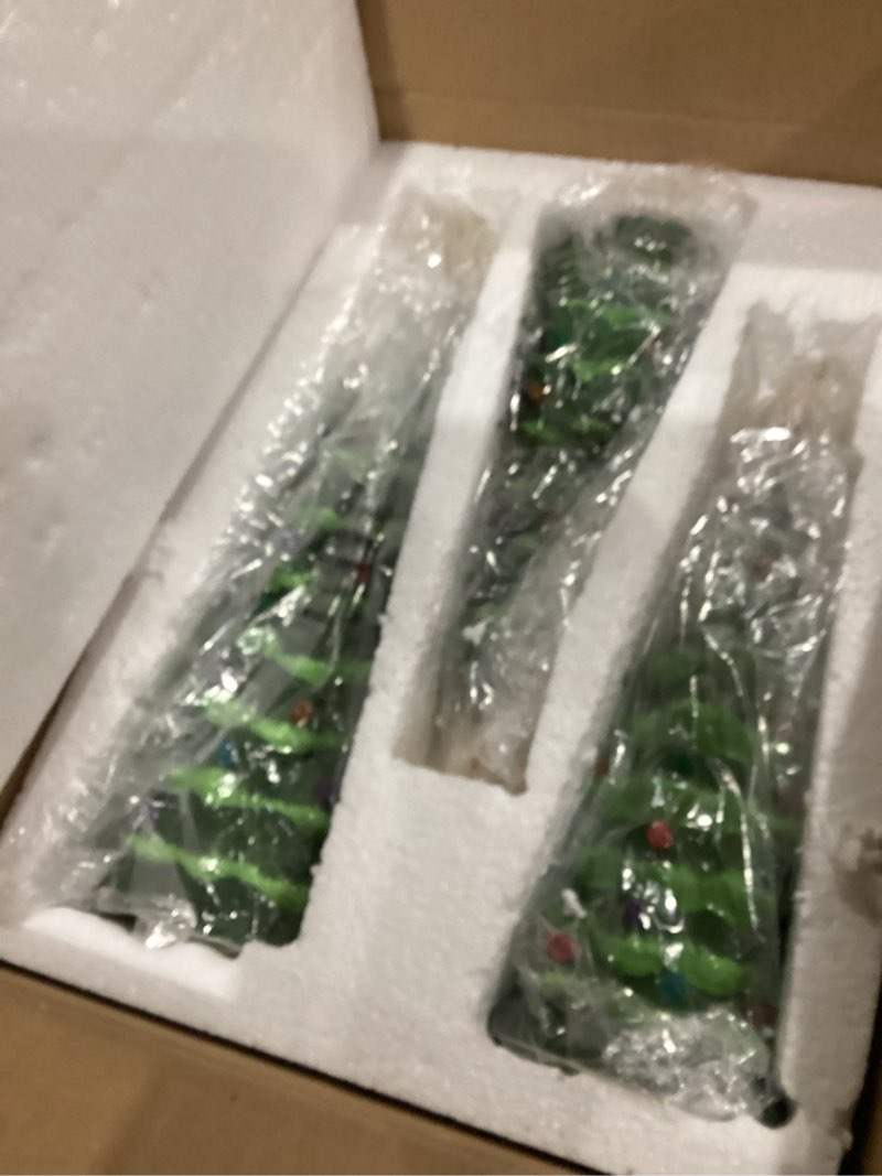 Condition photo showing New/Like New for Brightown Lighted Ceramic Christmas Tree Set of 3, Pre-Lit Hand-Painted Tabletop Christmas Tree with Multicolored LED Lights, Battery Operated Vintage Ceramic Tree for Home Table Holiday Decor, Green Green - Set of 3