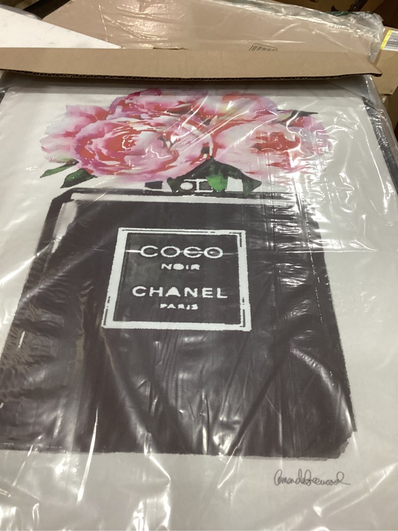 Condition photo showing Good Condition for art piece 'glam perfume bottle flowers', framed giclee art, black, 16 x 20 - sturdy block frame ready to hang -proudly made in usa (johnston, ri) - design by: amanda greenwood midnight black framed 20"l x 16"w