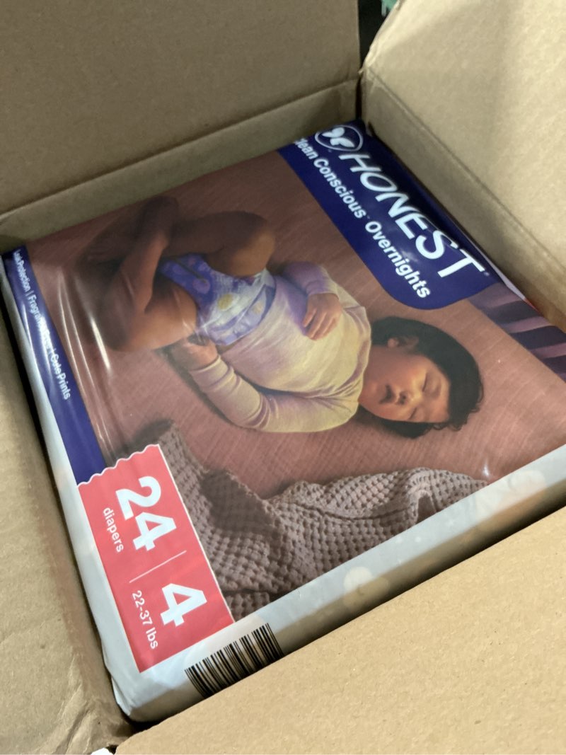 Condition photo showing New/Like New for the honest company comfort dry disposable overnight diapers for sensitive skin, hypoallergenic, baby cozy cloud and star signs design club box size 4 (22–37 lbs) 48 count size 4 48