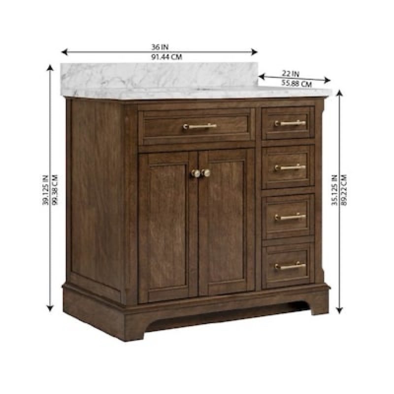 Condition photo showing As Is for  allen + roth roveland 36-in deep walnut undermount single sink bathroom vanity with