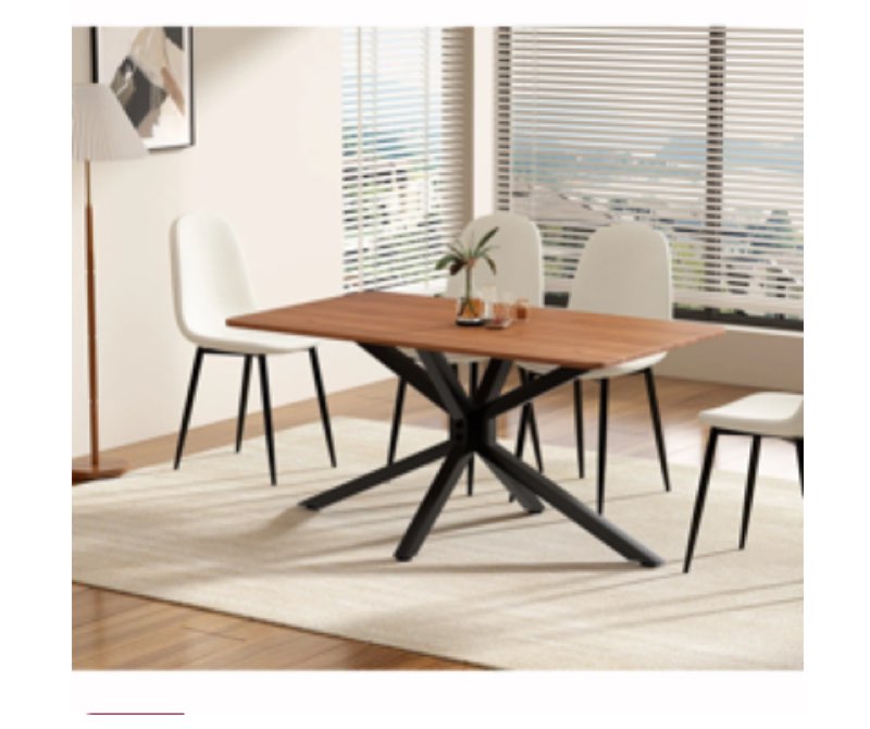 55.1" Brown Wood Grain Rectangular Dining Table With Black Metal Base For Kitchen, Dining Room, Living Room