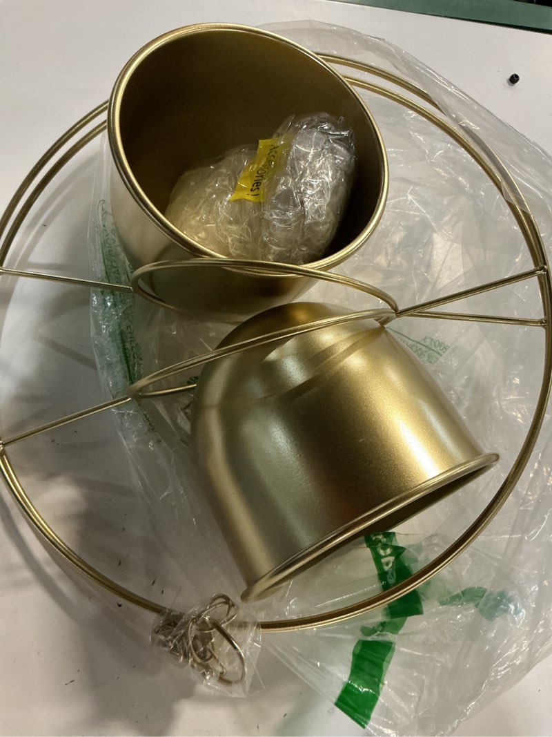 Condition photo showing Good Condition for 2 pack gold hanging planter, hanging planters for indoor plants with 5.5" pot + ceiling hook + extender chain, gold plant hanger, no plant incld 2 gold x 2