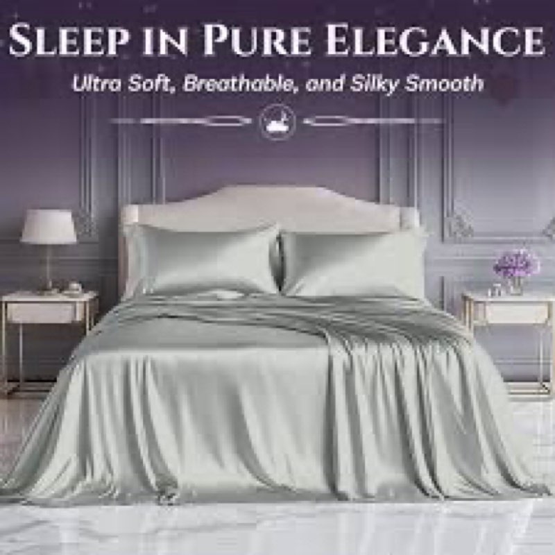 sleep sanctuary satin sheets king size – 4 piece luxury silky bed set, softer than silk, 15" deep po