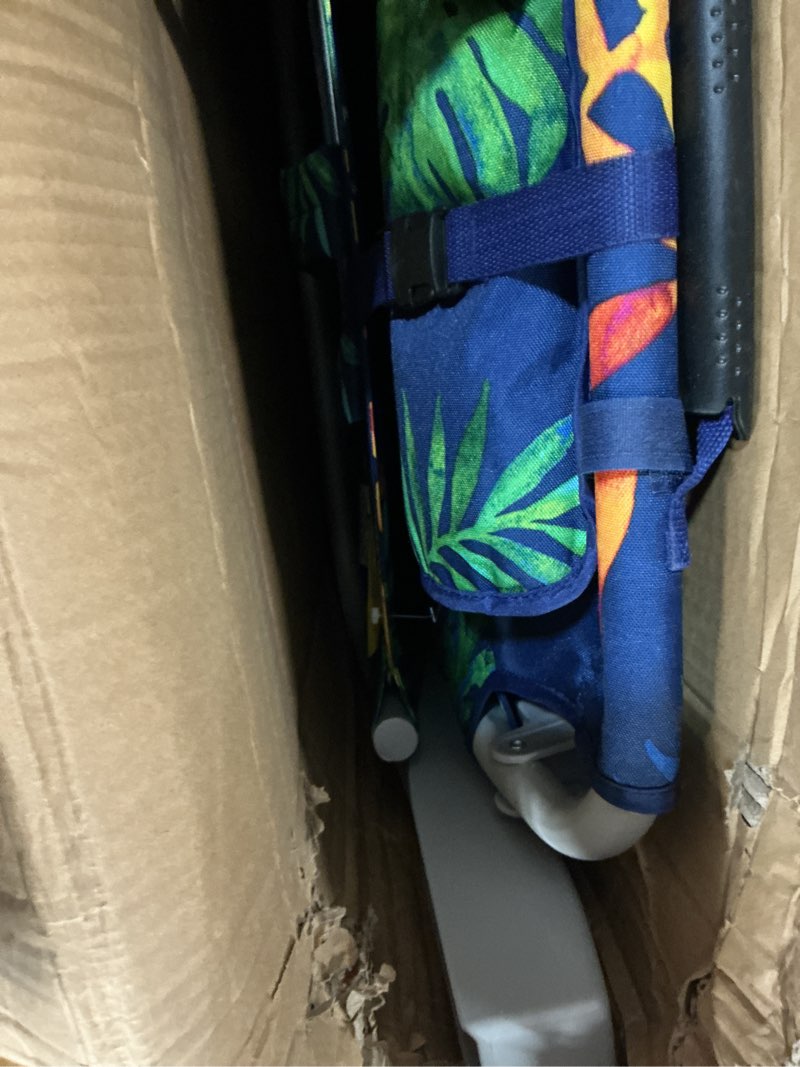 Condition photo showing As Is for tommy bahama 5-position classic lay flat backpack beach chair with cooler and cup holder, portable folding beach chair for tanning, blue tropical leaves(similar no same)