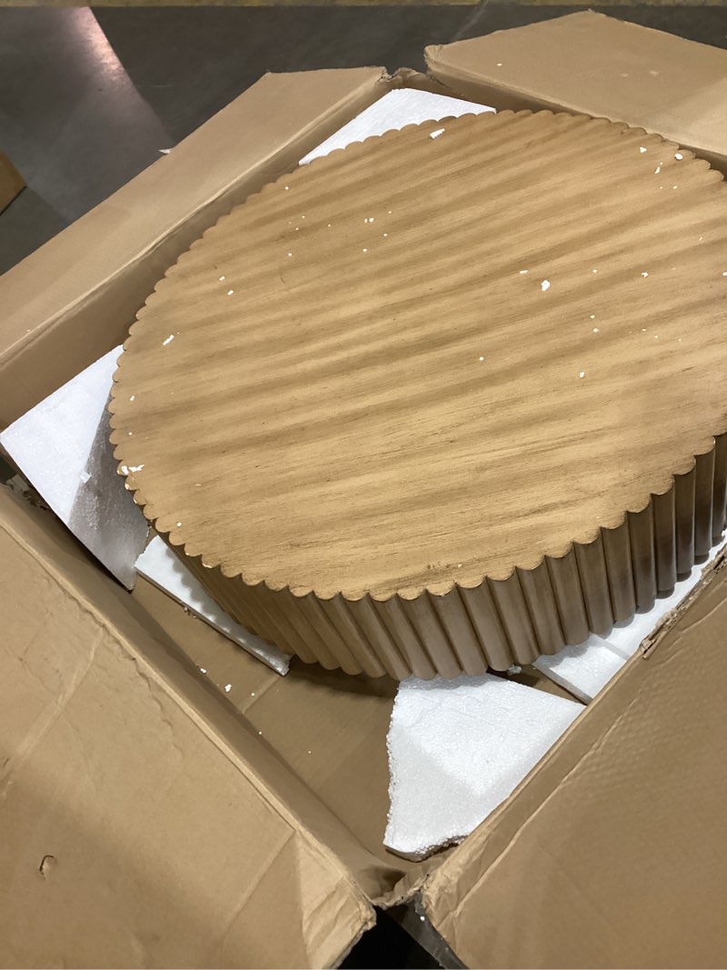 Condition photo showing As Is for rovibek fluted round coffee table, 31.5" modern wooden coffee table with fluted base, circle accent center table for living room apartment office small space, easy assembly (natural)