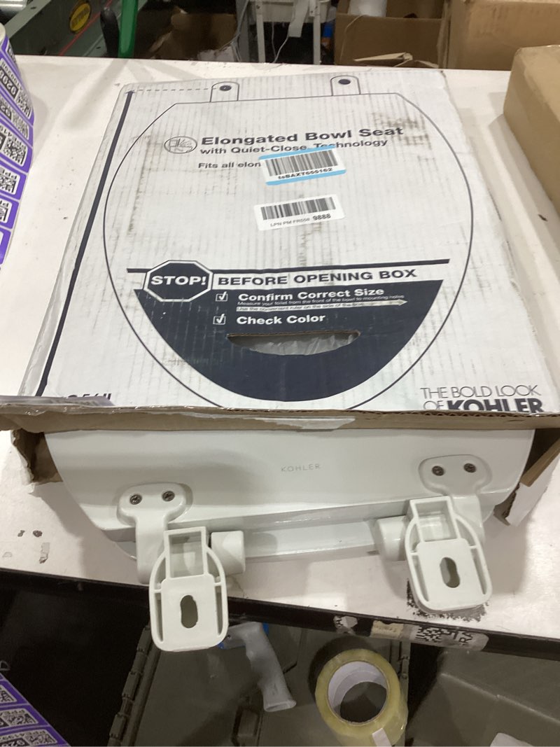 Condition photo showing Good Condition for kohler stonewood quiet-close elongated toilet seat, slow close design, durable wood, easy installation, universal fit, white finish, k-20466-0