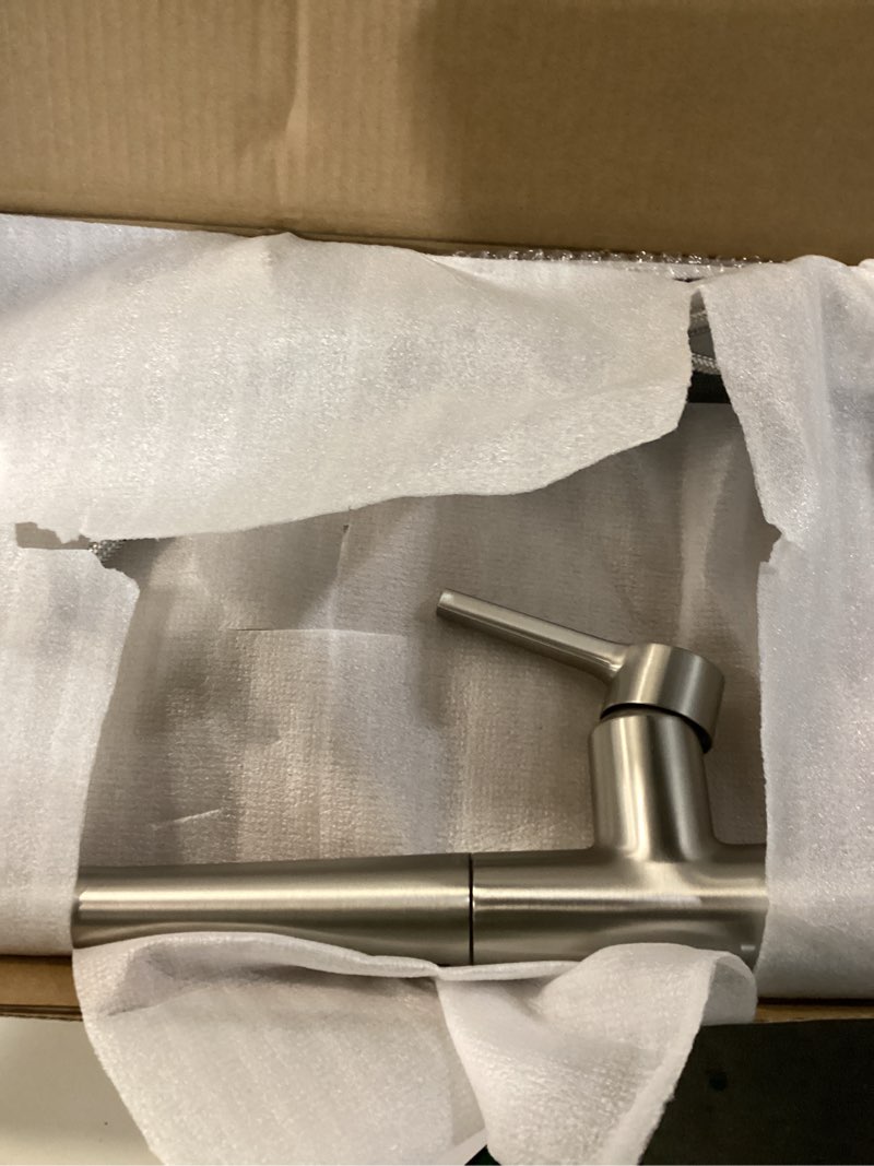 Condition photo showing As Is for allen + roth stainless steel single handle deck-mount pull-down kitchen faucet with sprayer ( deck plate included )