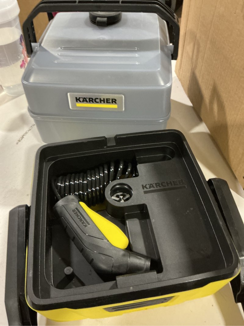 Condition photo showing As Is for kärcher oc 3 plus mobile outdoor cleaner, 1.8 gal. water tank, spray gun and hose, battery operated, for on-the-go cleaning, 72 psi mobile pressure washer