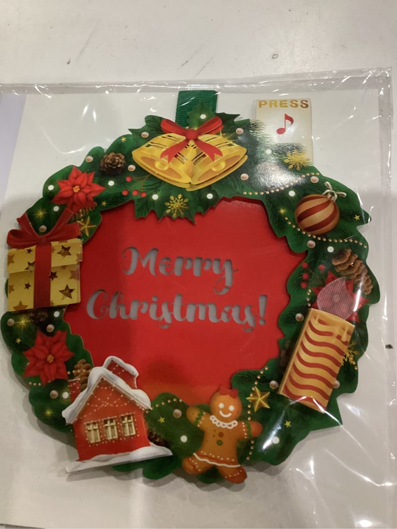 Condition photo showing Good Condition for Christmas Cards, Light and Music Christmas Wreath Card, 3D Pop Up Xmas Greeting Card for Women Men Kids Husband Wife Mom Dad Daughter, Decoration for Tree