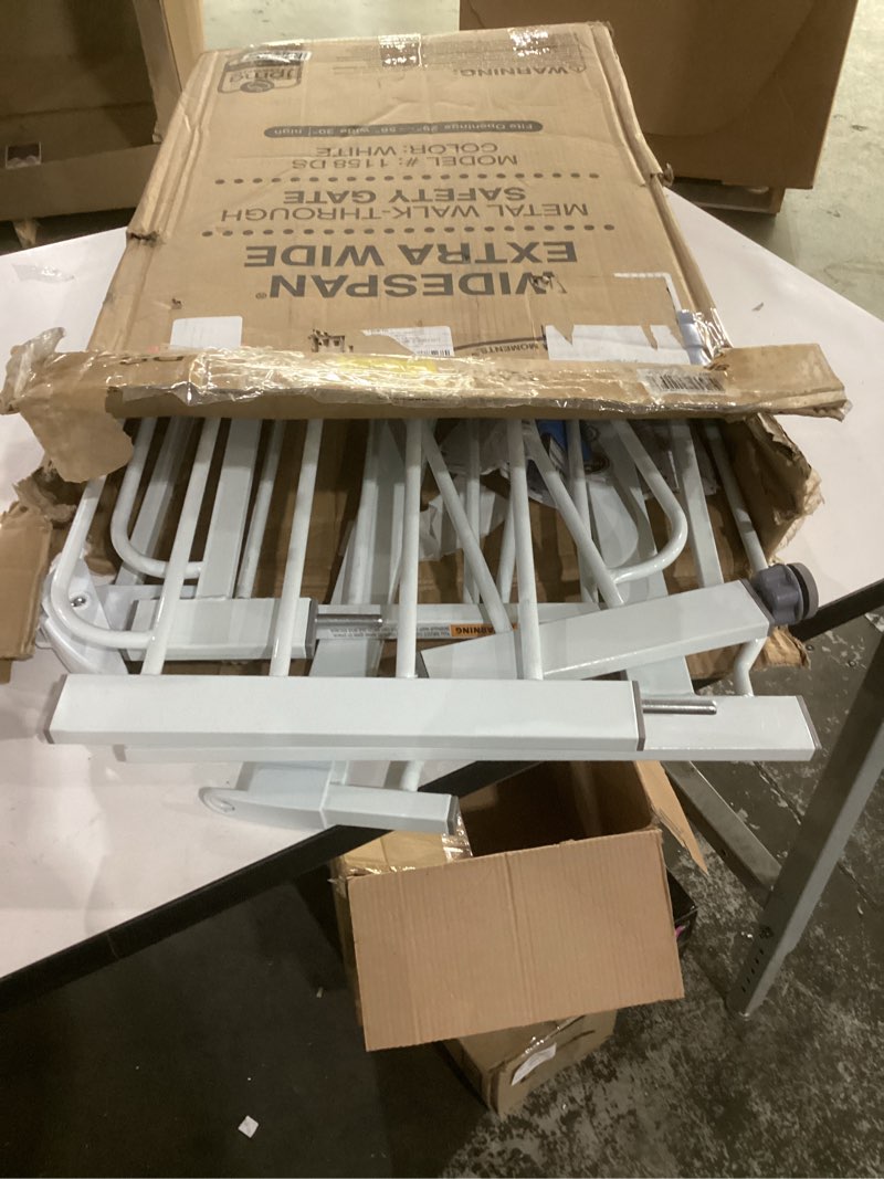 Condition photo showing As Is for regalo safety baby gate 56 inch extra wide for doorways & bottom of stairs, pressure mount design for babies, toddlers & pets, tested & safe for 30 years, american designed, american owned, white white 29-56"w x 30"h