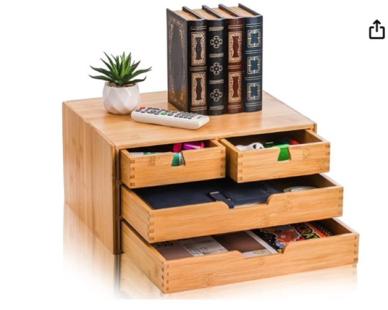 deayou bamboo desk organizer, 100% natural bamboo desktop drawer organizer, tabletop storage cabinet organization box with 4 drawers for makeup, letter, home office supplies, 3-layer, fully assembled