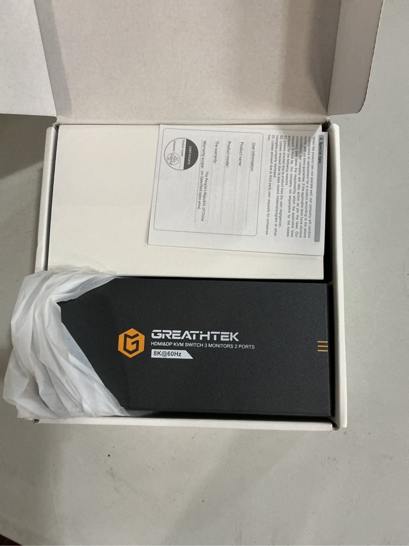 Condition photo showing New/Like New for greathtek 3 monitor kvm switch for 2 computers, displayport hdmi triple monitor kvm switch 8k@60hz/4k@240hz, 4 usb 3.0 ports, adaptive edid, windows/macos/linux for home office, programming, gaming