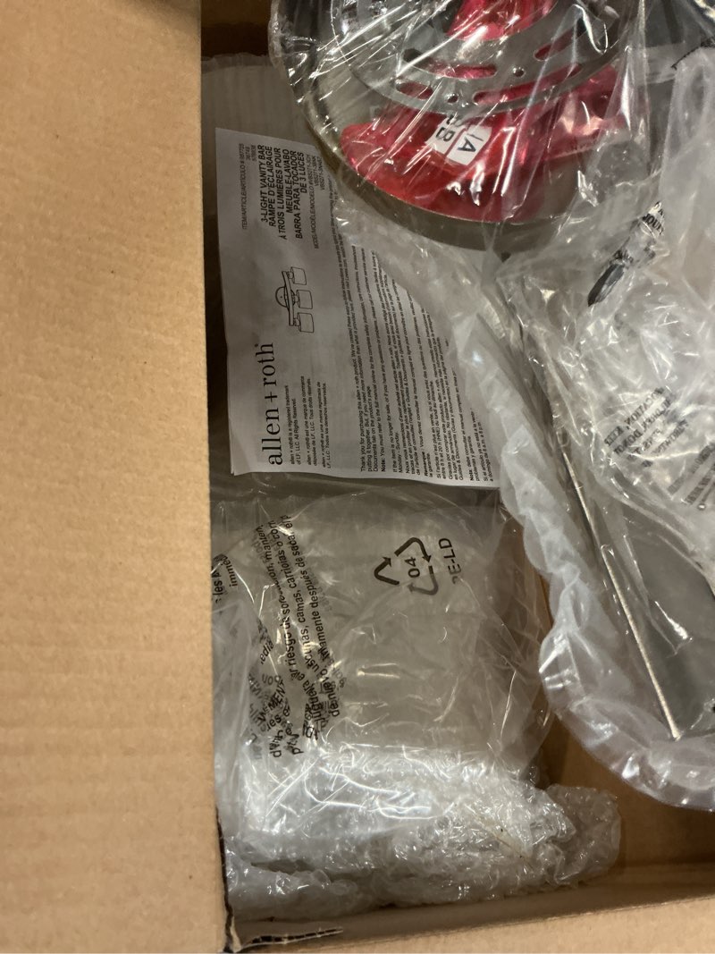 Condition photo showing As Is for allen + roth 3-light merington brushed nickel standard bathroom vanity light*DAMAGED