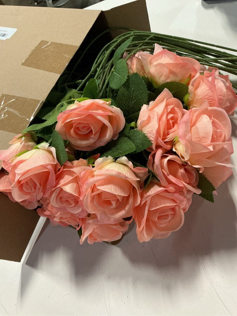 Condition photo showing Good Condition for jexine 50 pcs artificial rose flower bulk realistic silk fake roses with long stem plastic artificial flower bouquet real looking for home wedding centerpieces party decoration(coral)