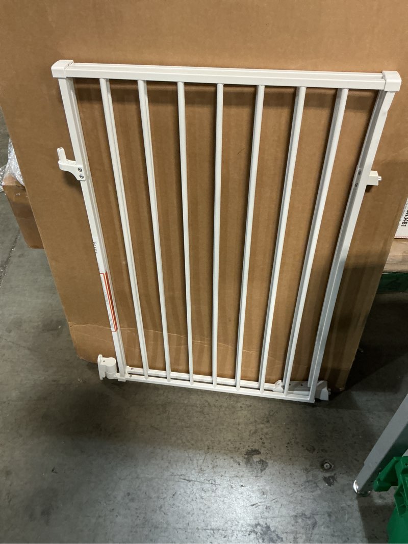 Condition photo showing As Is for babelio baby gate for stairs & doorways, 26-43" w 34" h extra tall| no bottom bar| easy installation| one-handed operation| auto-close| hardware mount (drill needed) safety dog/pet gate indoor (white) white - b17 34" h, 26-43" w-standard