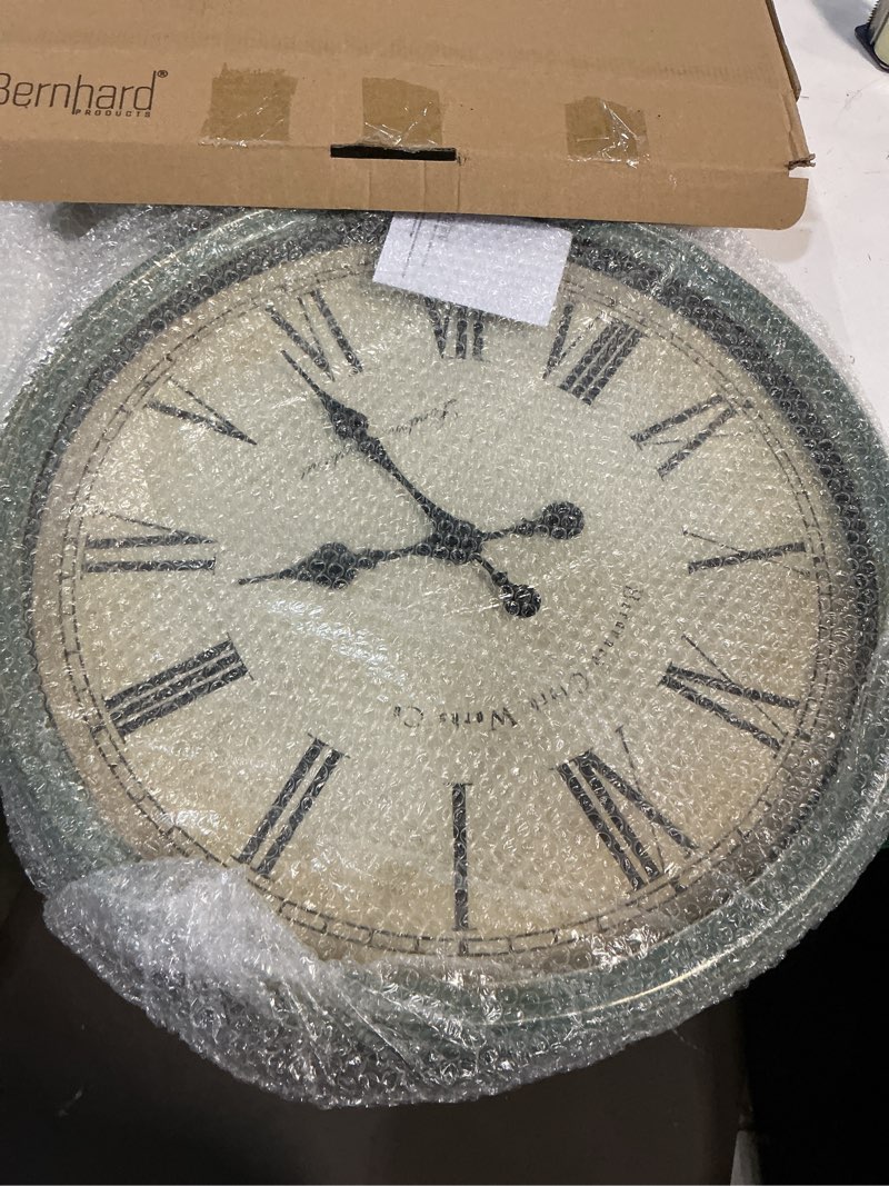 Condition photo showing New/Like New for bernhard products large decorative wall clock 20 inch silent non ticking battery operated quartz vintage stylish with rustic green rim for home living/dining room kitchen & over fireplace