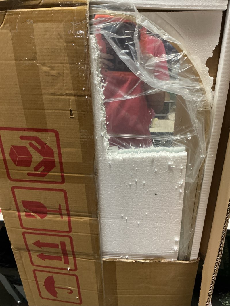 Condition photo showing New/Like New for 56"x20" arched full length mirror with stand, gold floor mirror, full body dressing mirror, over the door & wall mounted, tempered glass safety mirror for bedroom, living room, entryway