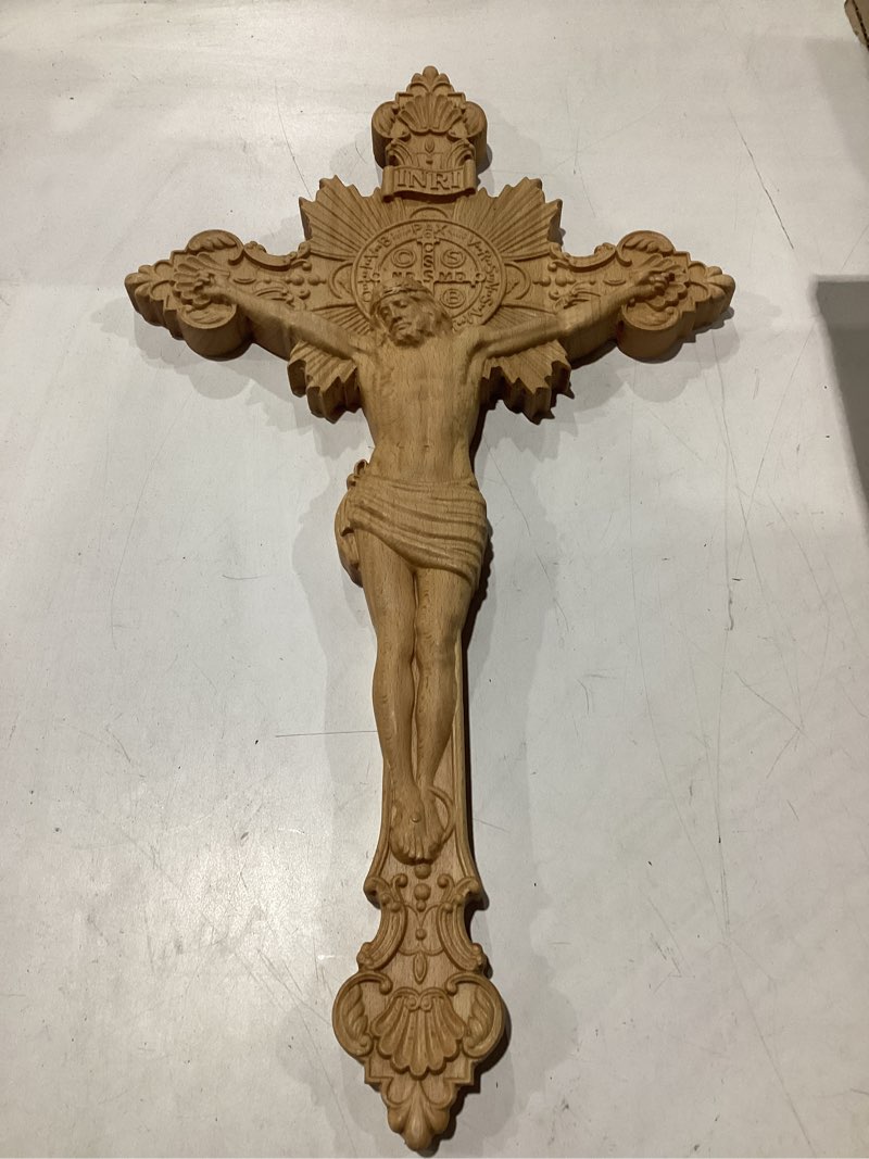 Condition photo showing Good Condition for bgcopper saint benedict crucifix wall cross, wooden jesus cross for wall, catholic crucifix for wall, st benedict cross wall decor for home easter christmas gift (20 inch) 19.7"l x 11.4"w wood