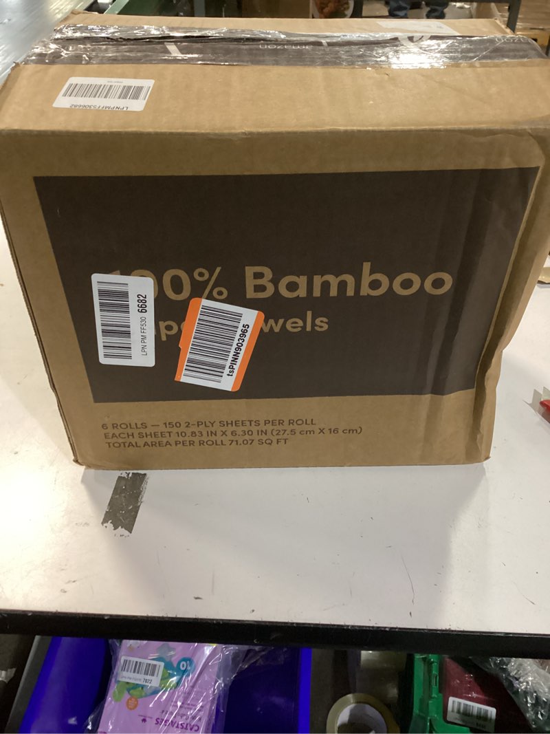 Condition photo showing New/Like New for Amazon Aware 100% Bamboo Paper Towels, 6 Rolls, 2 ply, FSC Certified, 150 Sheets, 900 Count, Plastic-Free, Multicolor 150 sheet (Pack of 6)