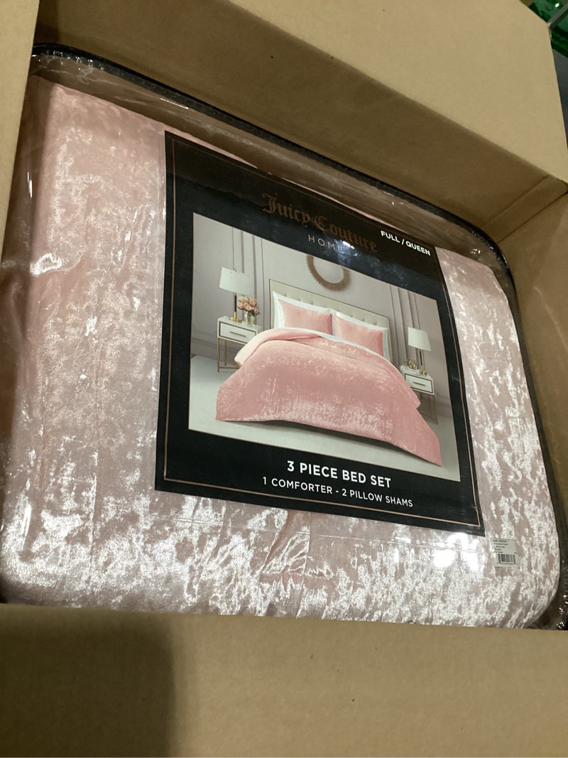 Condition photo showing Good Condition for juicy couture crushed velvet queen comforter and sham set, 3-piece queen bedding set - (1) 90"x90" comforter and (2) 20"x26" sham - pink pink velvet full/queen