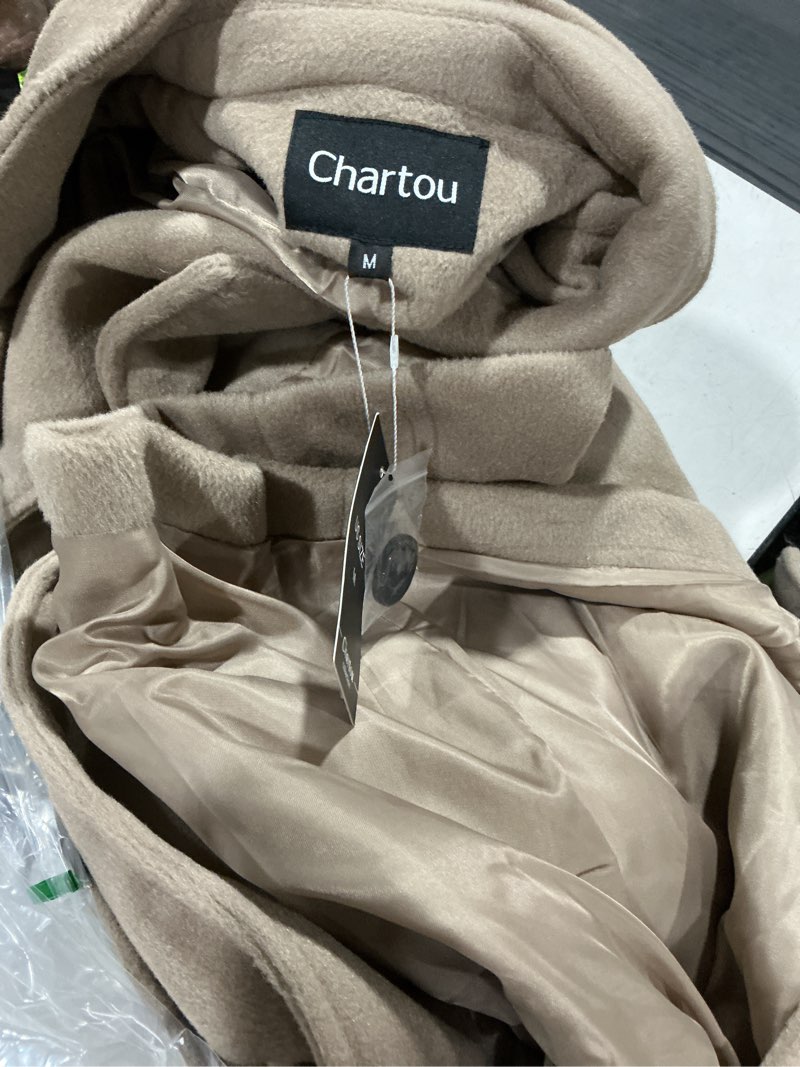 Condition photo showing Good Condition for chartou women's oversized notched collar wool blend single breast midi long trench coat medium khaki