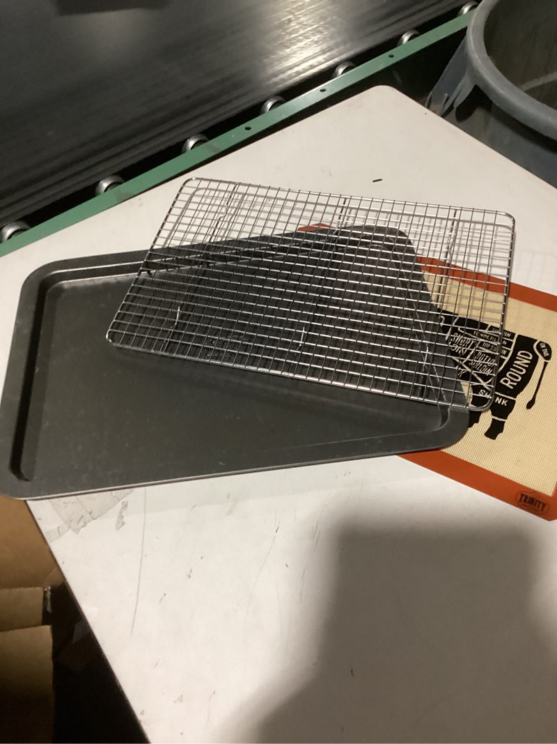 Condition photo showing As Is for KITCHENATICS Heavy Duty Half Sheet Baking Pan with Rack Set, Cookie Sheet for Oven, Rimmed Aluminum Tray w/Wire Cooling Rack for Cooking & Roasting, Half Sheet Pan with Baking Rack 13.1 X 17.9
