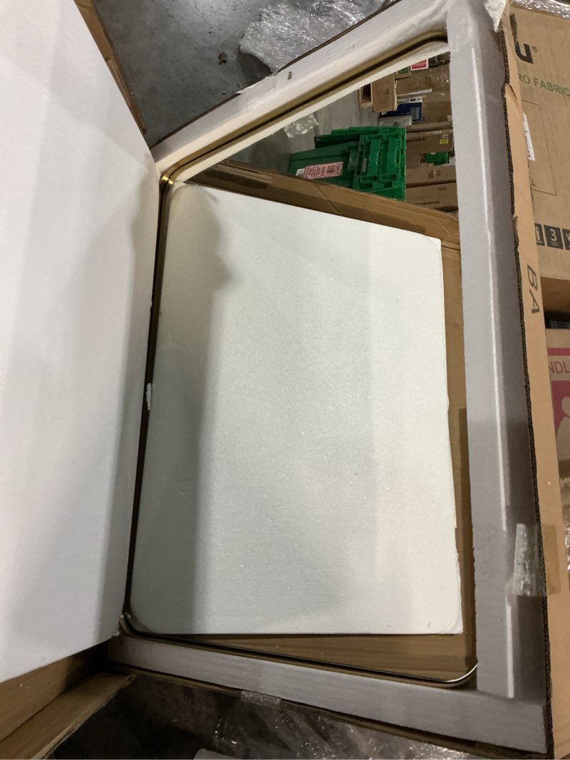 Condition photo showing As Is for Andy Star Gold Bathroom Mirror,22x30'' Brushed Brass Metal Frame Rounded Corner Wall Mirror,Rectangle Wall Mounted Mirror Glass Panel Hangs Horizontal or Vertical for Bathroom,Vanity,Washroom Gold 30"L x 22"W