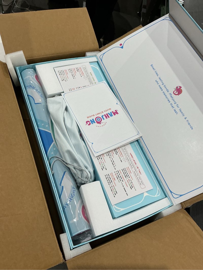 Condition photo showing New/Like New for mini mahjong set for kids & beginners, portable travel mahjong tiles set american for family, 160 acrylic mini mahjong tiles with carrying bag, mat, racks, mah jong starter kit for ages 6+ blue