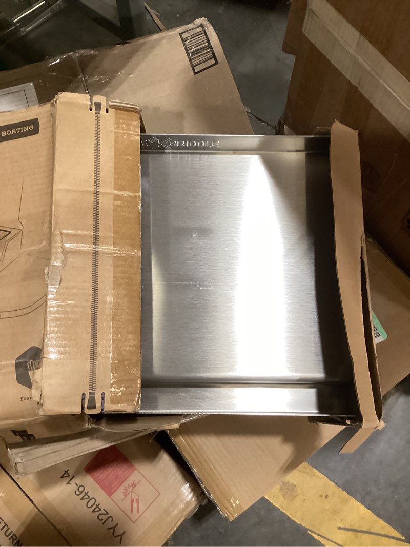 Condition photo showing As Is for little griddle sizzle-q sq180 100% stainless steel universal griddle with even heating cross bracing for charcoal/gas grills, camping, tailgating, and parties (18"x13"x3")
