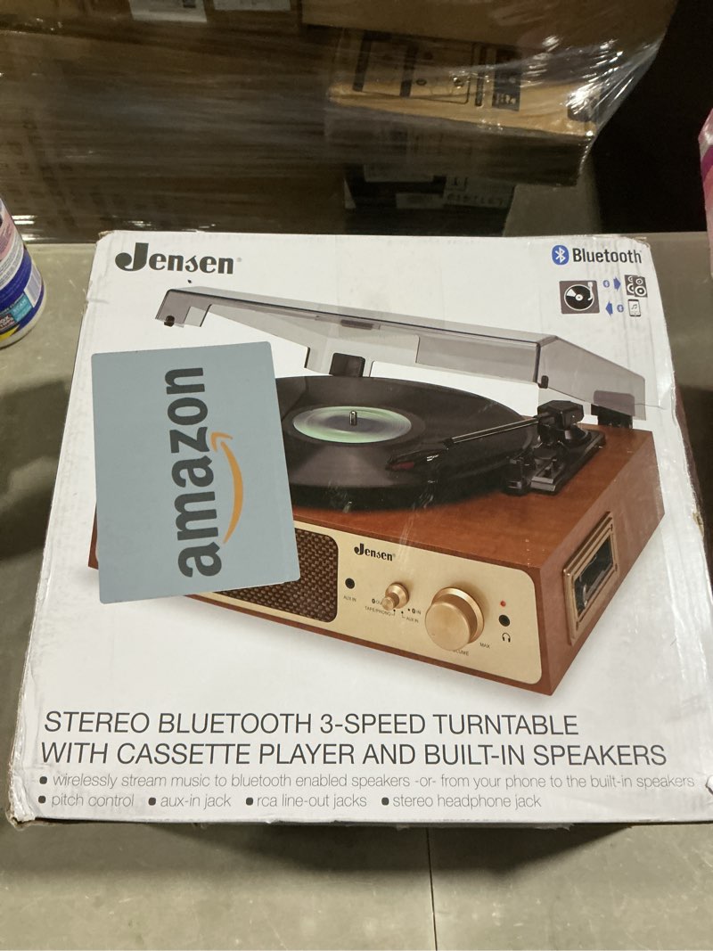 Condition photo showing As Is for jensen jta-245 3-speed stereo turntable with cassette player; stereo speakers; and dual bluetooth transmitter/receiver