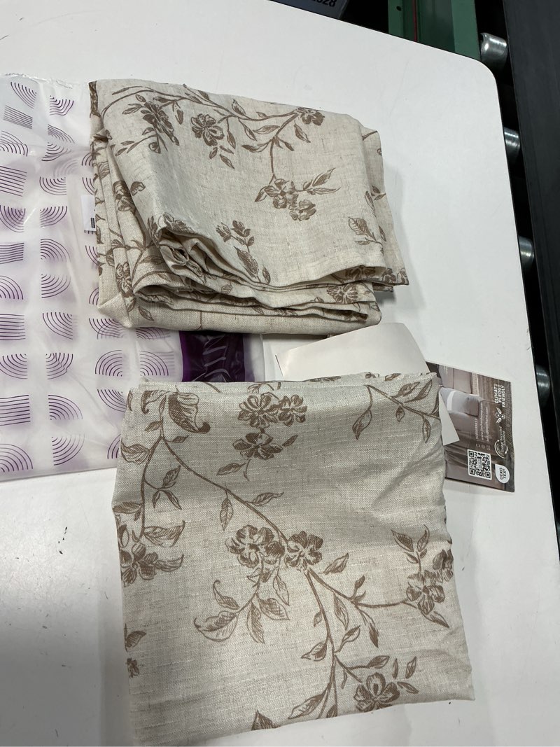 Condition photo showing Good Condition for jinchan taupe floral kitchen tier curtains with valance, 36 inch, 2 panels | attached valance, rod pocket or metal-ring hanging, linen-blend, farmhouse floral, light filtering, privacy