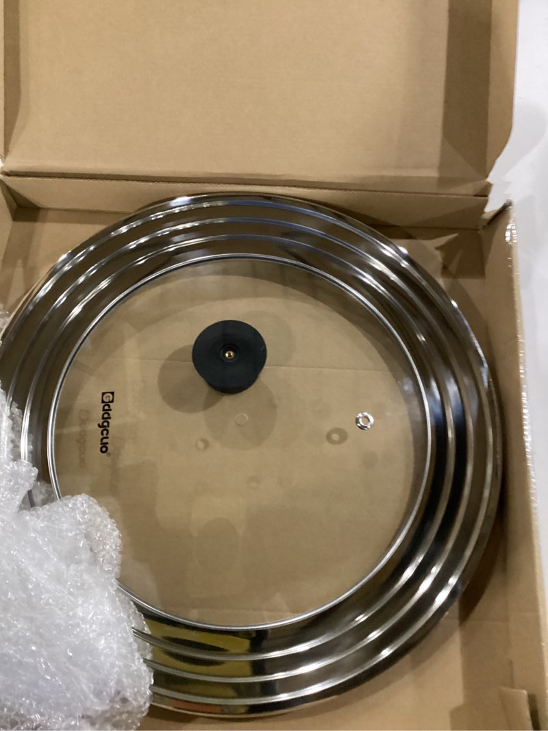 Condition photo showing New/Like New for 13-14-15 in universal pan lid, extra large stainless steel pot lid for pots, pans, skillets, replacement frying pan lid with heat resistant silicone knob, dishwasher safe 13", 14" & 15"