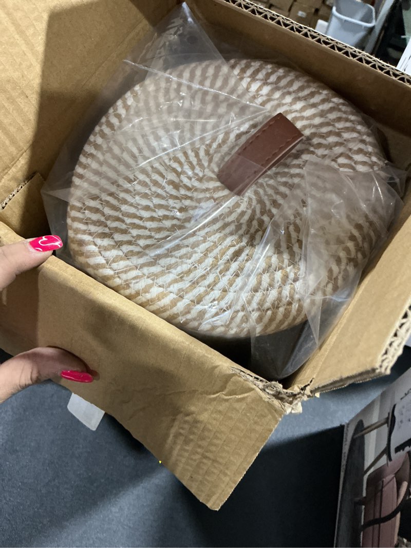Condition photo showing New/Like New for Toilet Paper Holder Handmade – Woven Toilet Paper Stand & Storage Basket with Lid, Cotton Freestanding Organizer for Bathroom, Fits 3 Rolls Cream Brown