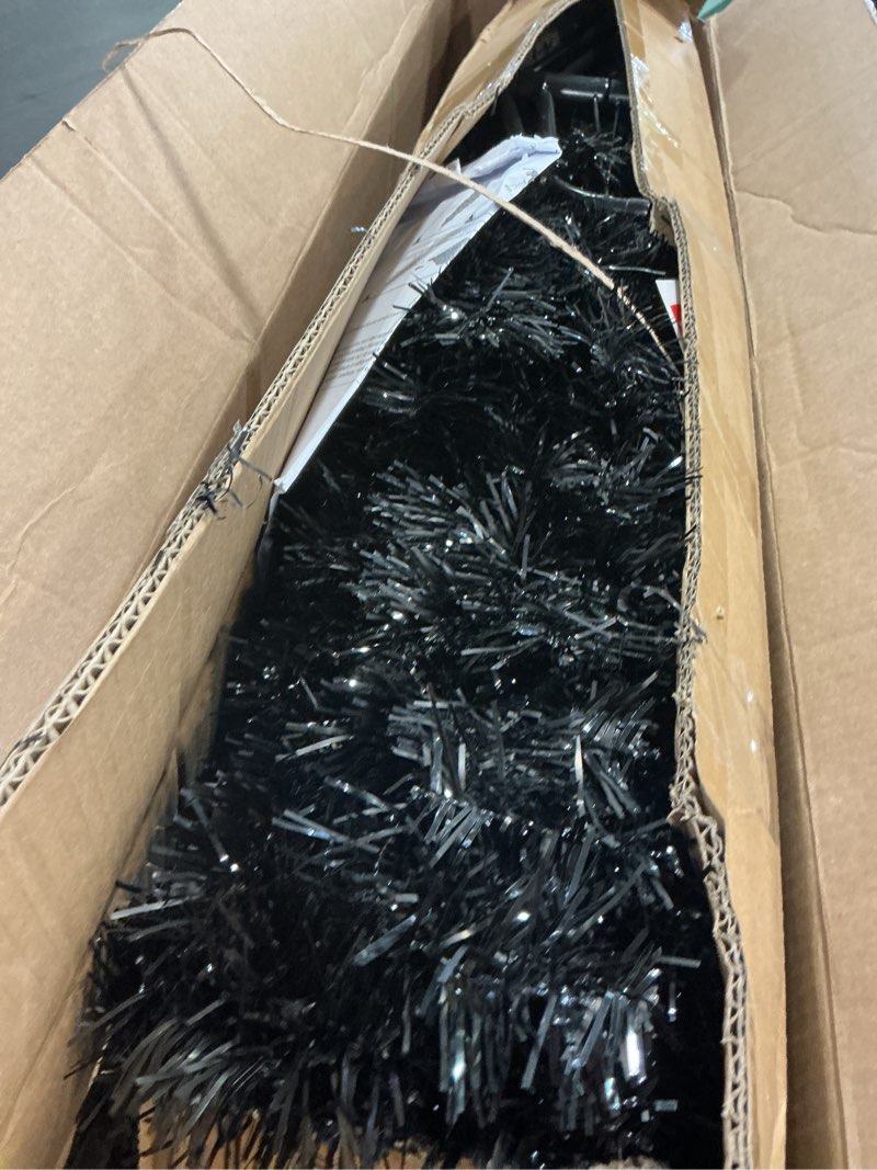 Condition photo showing As Is for KTKDE 7.5ft Black Christmas Tree Artificial Halloween Tree Decorations with 1,450 Tips-1pcs Treetop Star 3 Set 300 Led String Lights, Pencil Christmas Tree Indoor Holiday Party Decorations Black 7.5ft