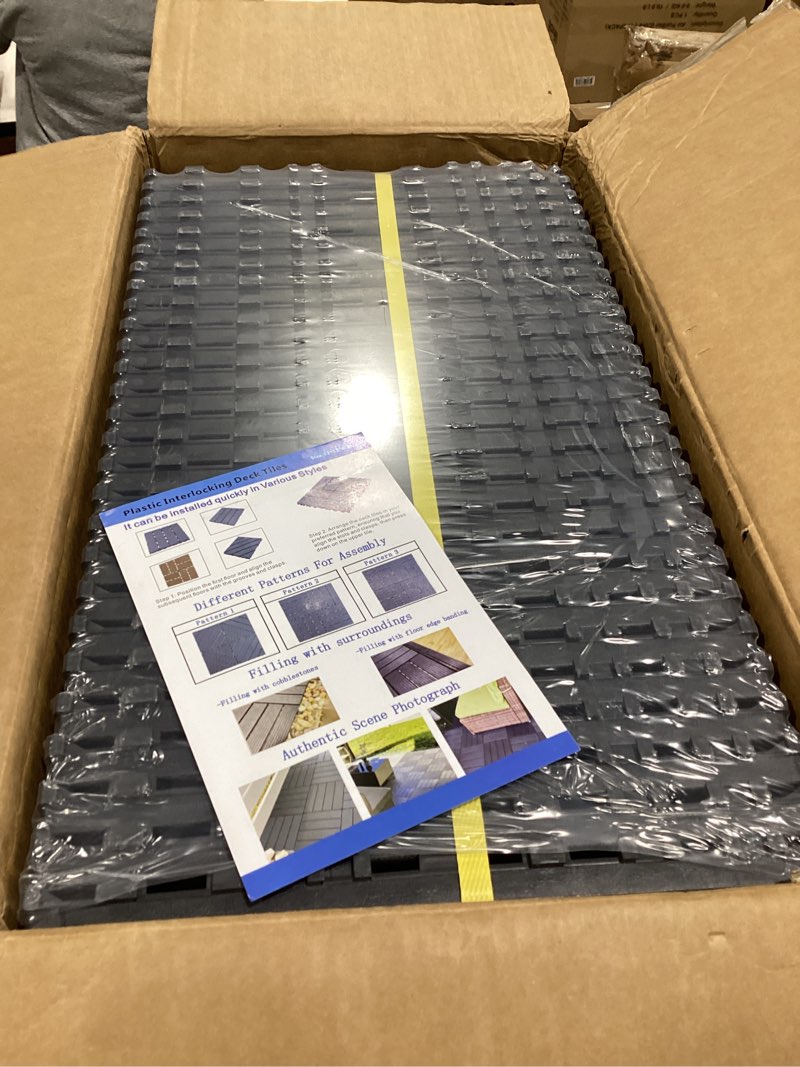 Condition photo showing Good Condition for echodeck interlocking deck tiles,54 pack patio tiles outdoor interlocking all weather,patio deck tiles,12"x12",woodgrain,sturdy base,highly durable,stylish,non-slip,faster-drying,efficient,dark grey 54 sq. ft mimic woodgrain pattern
