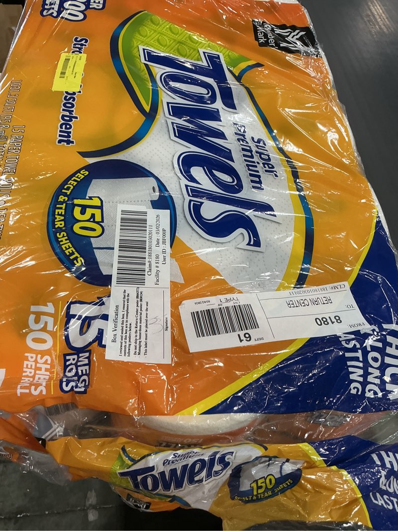 Condition photo showing As Is for member's mark super premium paper towels, 15 rolls, 150 sheets per roll