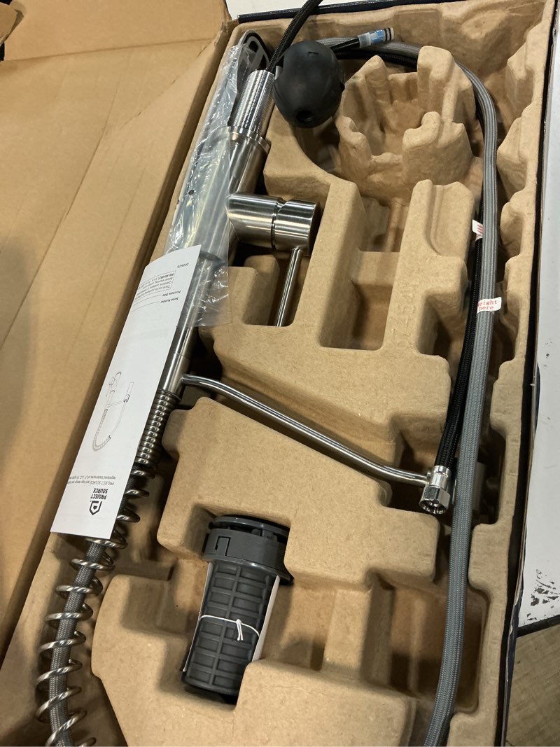 Condition photo showing As Is for project source kellan stainless steel single handle deck-mount pull-down kitchen faucet with sprayer (includes deck plate)