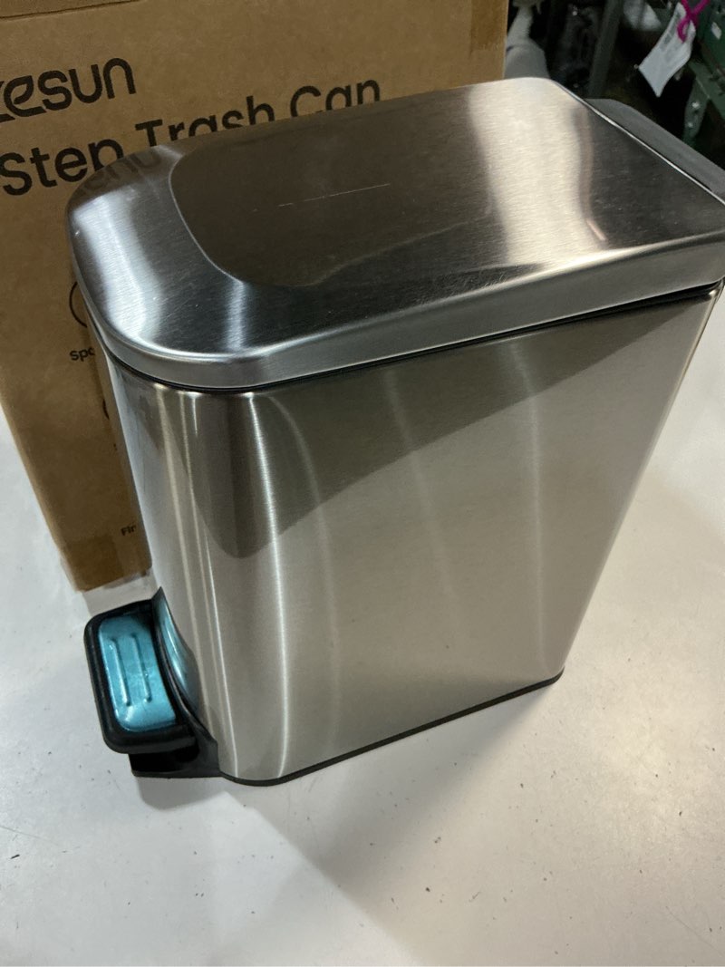 Condition photo showing Good Condition for cesun small bathroom trash can with lid soft close, step pedal, 6 liter / 1.6 gallon stainless steel mini garbage can for office, outdoor trash bin with removable inner bucket (silver)