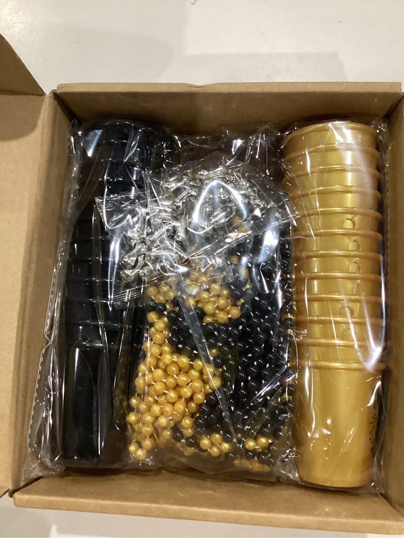 Condition photo showing Good Condition for sureio 24 pcs 50th birthday party favors shot glass necklaces cups bulk for women men guests, plastic gold and black shot necklace cups for birthday anniversary supplies