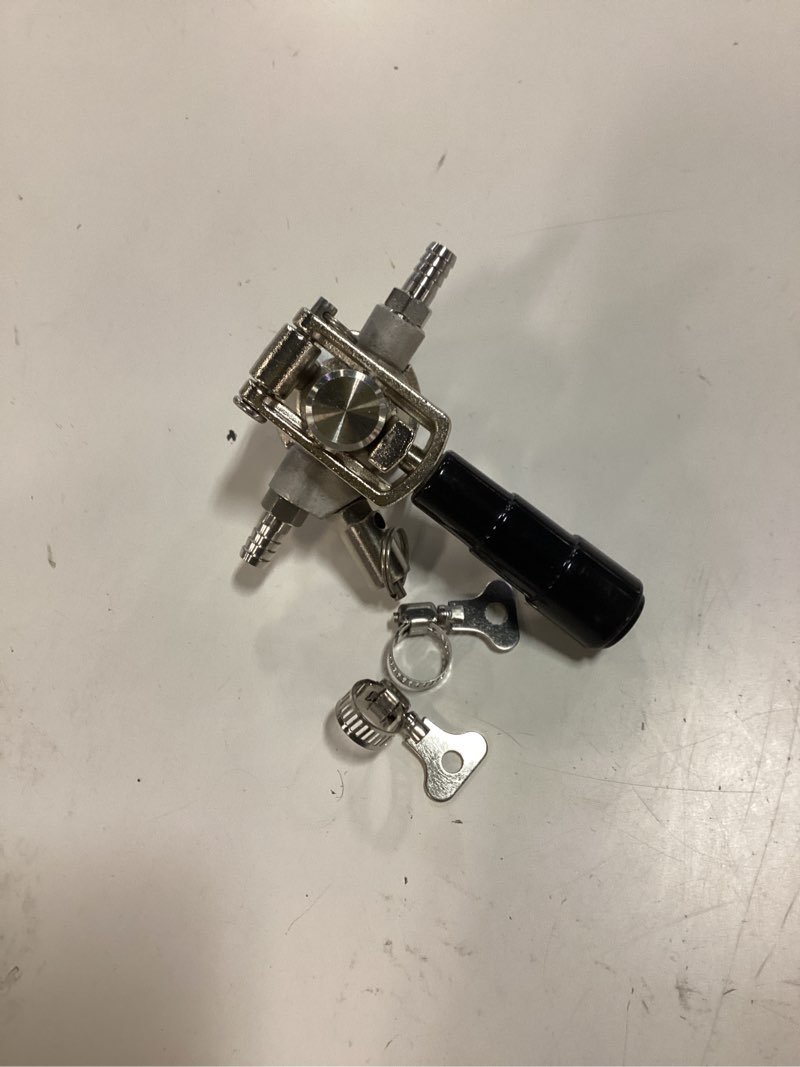 Condition photo showing As Is for low profile keg coupler, 304 stainless steel d system keg coupler with safety pressure relief valve and hose clamp