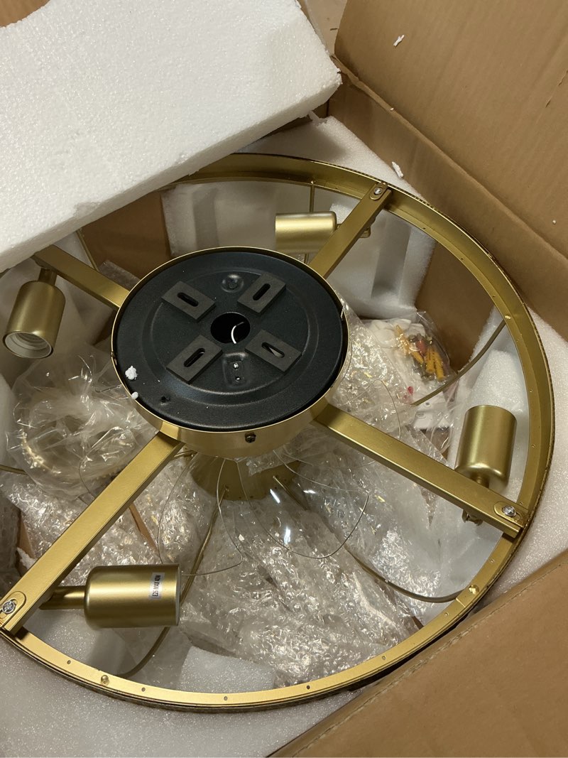 Condition photo showing Good Condition for crystal caged ceiling fan with light flush mount, 20inch crystal ceiling fan with light and remote, gold crystal fandelier ceilings fans with lights for bedroom, dining room, living room 20 inch caged crystal ceiling fan with light