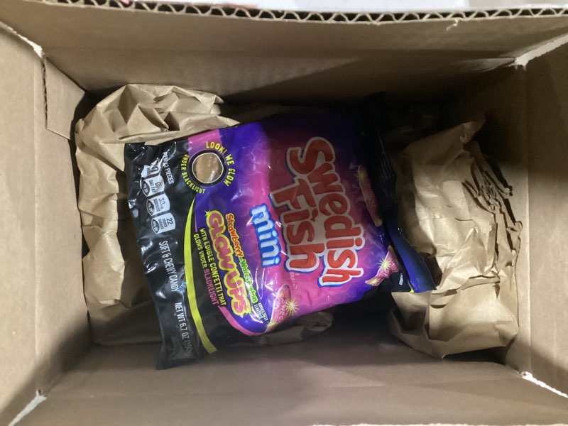 Condition photo showing New/Like New for SOUR PATCH KIDS and SWEDISH FISH Mini Glow Ups Strawberry-Watermelon Soft & Chewy Candy Variety Pack, Bulk Candy, 4-6.7 oz Bags