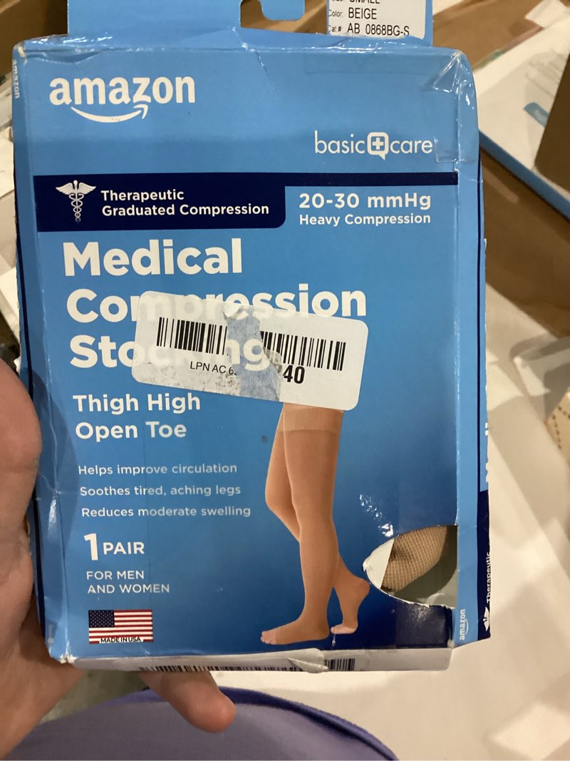 Condition photo showing As Is for amazon basic care medical compression stockings for circulation, varicose veins, edema, swelling, 20-30 mmhg support, women & men thigh length hose, open toe, beige, small (previously nuvein)