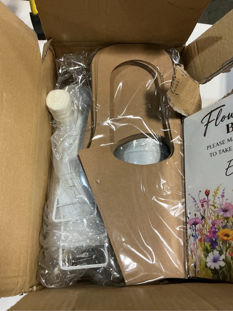 Condition photo showing Good Condition for flower bar supplies kit with 6 flower buckets, 30 flower baskets, wooden sign, 2 garden shears & 2 ribbons, diy bloom bar set for wedding, bridal shower & birthday party decor white 41