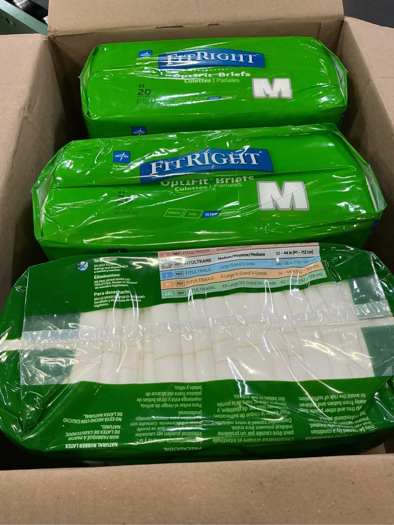 Condition photo showing New/Like New for fitright ultra heavy absorbency adult diapers for men & women, waist size: medium 32-44 inches, optifit incontinence disposable briefs with leak protection for seniors, 80 count medium 80 count